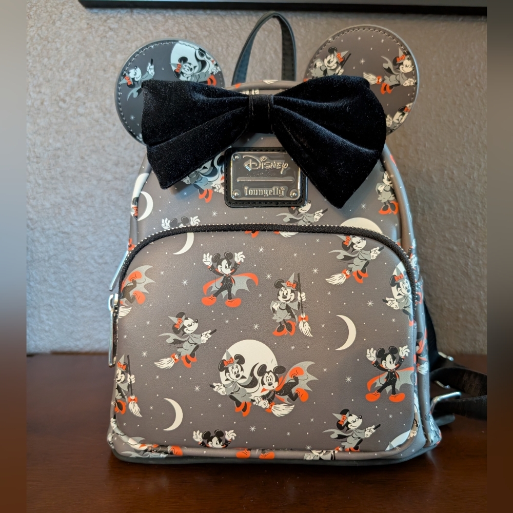 Loungefly Disney Halloween Mickey Vampire and Minnie Mouse Witch Gray Backpack